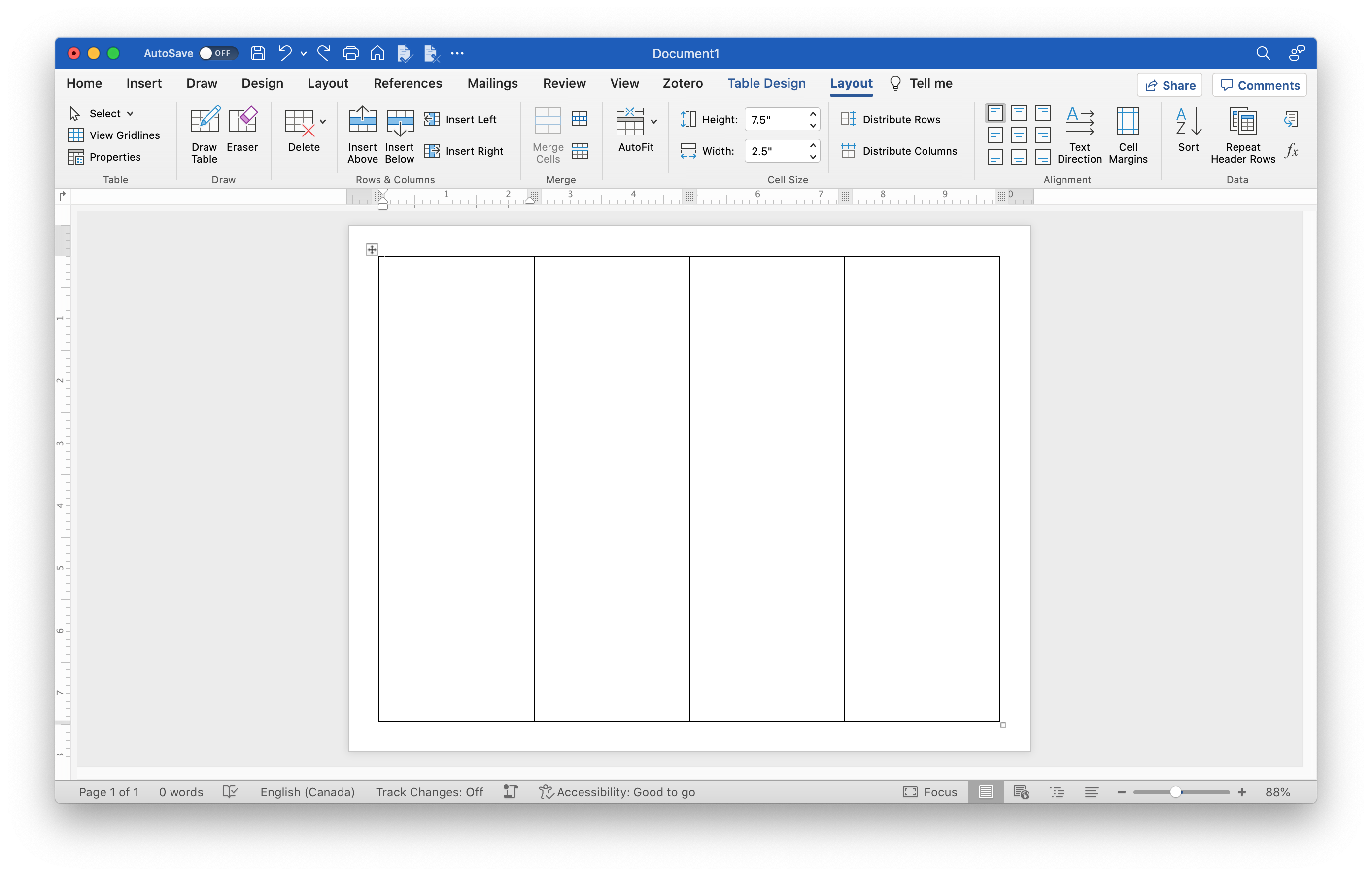 Microsoft Word application window with a four-column table set up